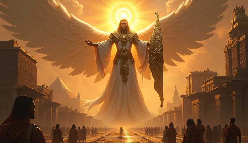 A giant open bible, a Spartan warrior in the middle and angels in the sky and above the bible