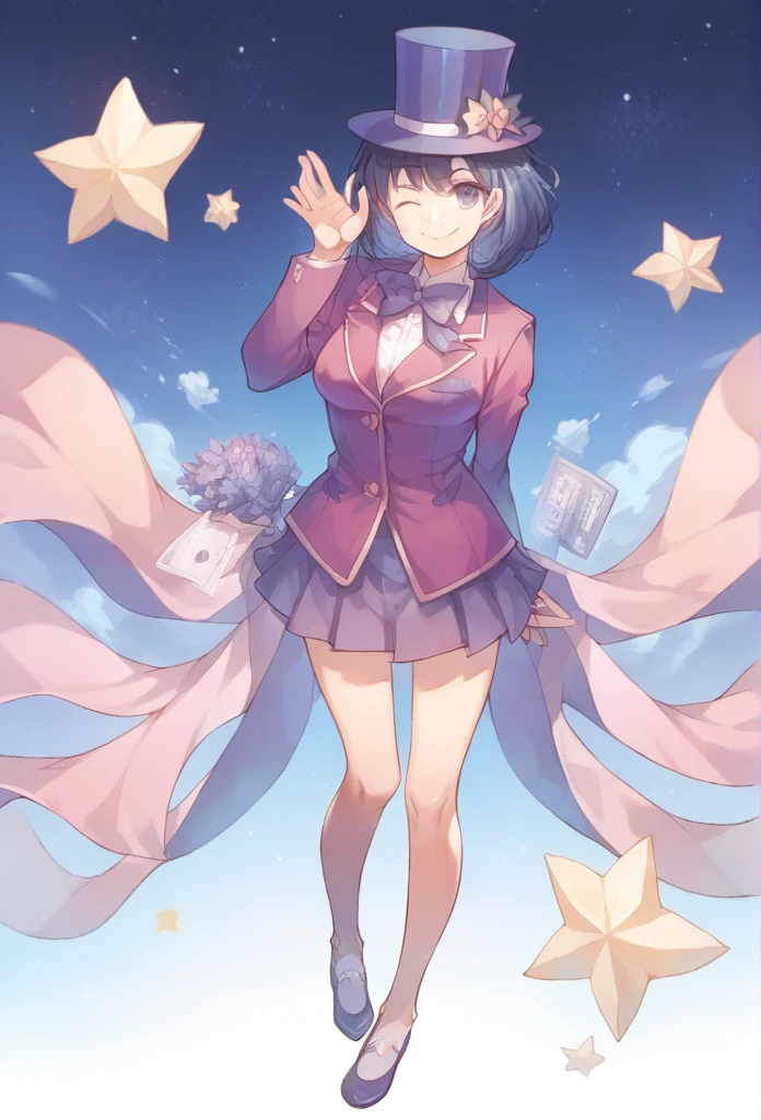 Magician with short black hair,Lady,mini skirt,Top Hat,Right hand holds hat on head, left hand forward, smile, wink,full body,starry background,Standing posture,