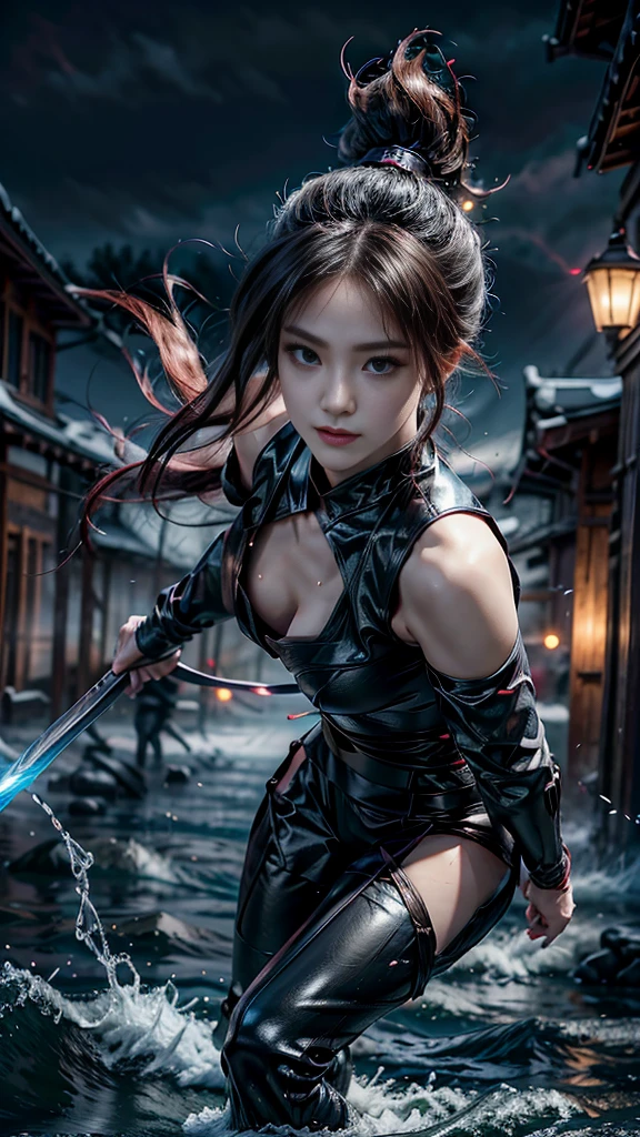 (RAW shooting,  photoreal:1.5, 8k, Best Quality, masterpiece, Ultra-high resolution),  Perfect Dynamic Composition:1.2, fight:1.2, Sengoku, case, Wars flaring up everywhere:1.3,  with highly detailed skin and face textures:1.2, Slim female ninja、Holds a sharp dagger:1.3, Beautiful and aesthetic:1.2, Sexy beauty,  perfect style , Wear an exquisite ring, , water, wind, thunder, ice, White skin,  very beautiful face, ( Medium Chest, Chest gap), ( embarrassed smile,  expression on your face when you feel intense caress, Happy expression ), ( wearing a sexy ninja costume :1.2, Off the shoulder:1.1), (Beautiful Blue Eyes, Beautiful erotic eyes:0.8), (Overly sensual:0.9, Fascinating:0.9), Full Body Shot