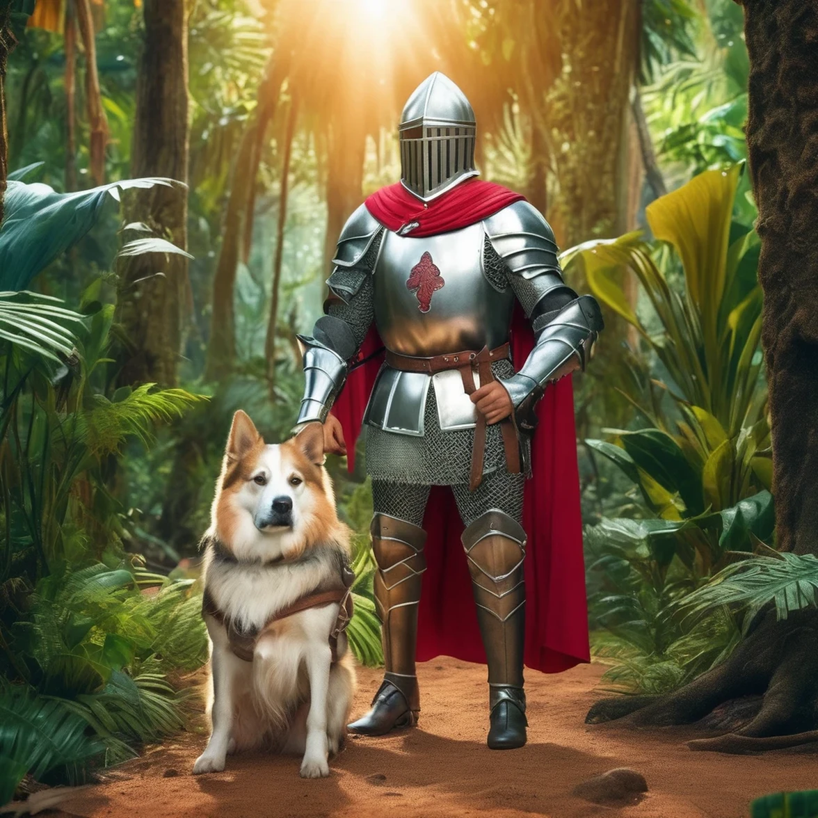 A man dressed as a knight with his dog in a tropical forest, high quality, photorealistic, 8K