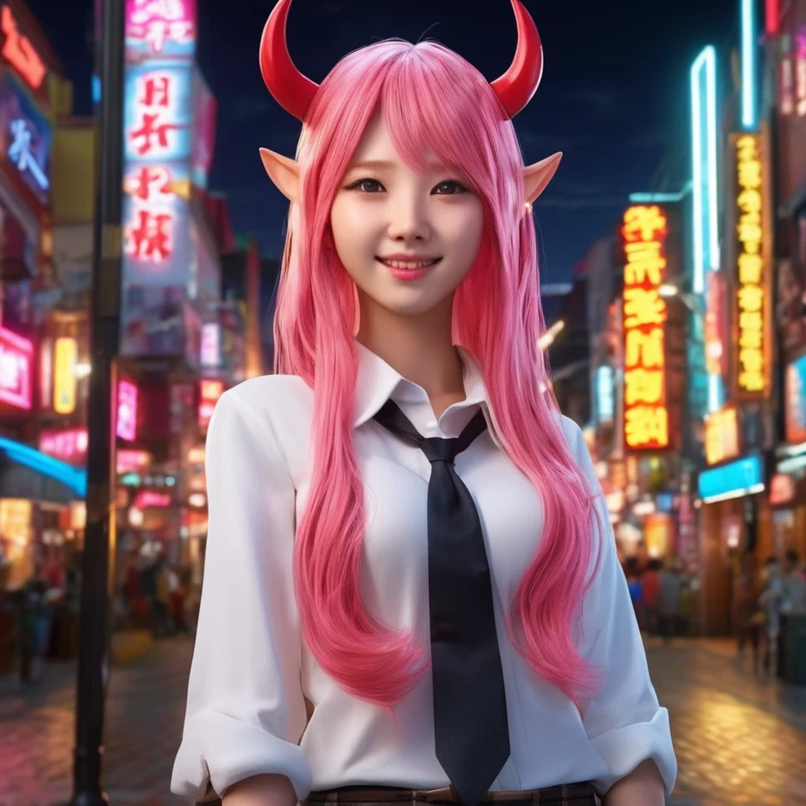 1girl, long pink hair, red horns, white collared shirt, black necktie, light smile, yellow eyes, corneo_power,, buildings,shops,town streets, dark sky, scenery,neon signs,night city, japanese lyrics,, , absurdres, detailed eyes, extremely detailed, volumetric lighting, realistic, realistic lighting, 8k, cinematic lighting, depth of field, perfect, hyper-detailed, photorealistic, ultra realistic, realistic light, hard lighting, intricate details, stop motion, tonemapping, sharp focus, hyper detailed,