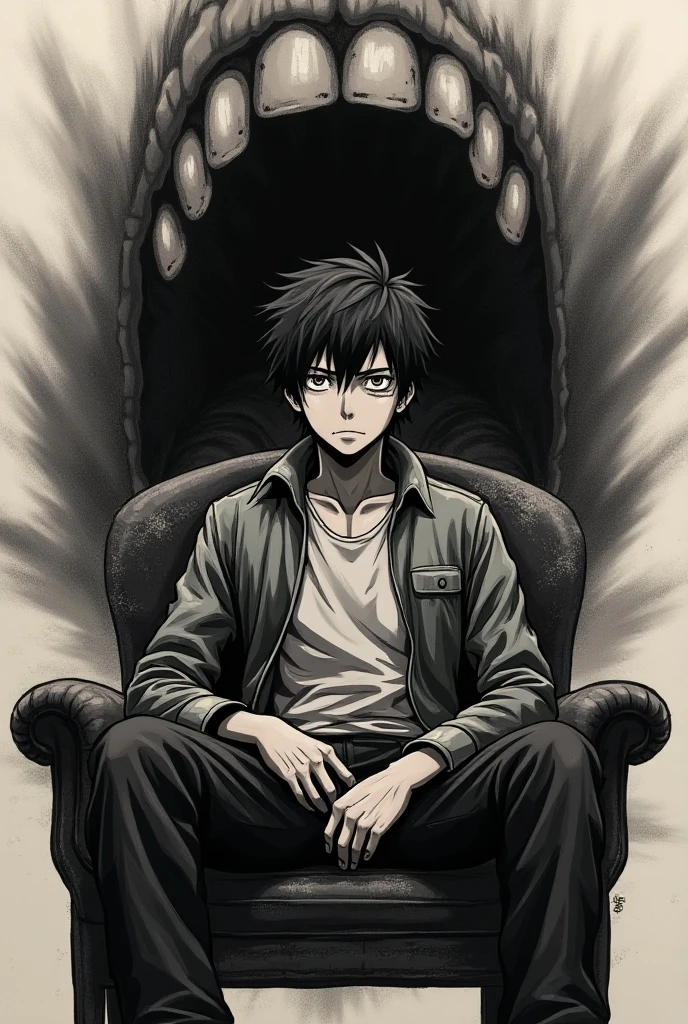 anime artwork black and white, manga about a beautiful attractive man named Daisuke, embracing ((scrary fluided organs monsters)),he has short black hair, techwear man, japanese, gloomy face, depressed, smiling, crazy, creepy, horror, ,(by junji ito:1.6), perfect hands,, (masterpiece,best quality:1.5), ultra realistic,32k,RAW photo,(high detailed skin:1.2), 8k uhd, dslr, soft lighting, high quality, film grain, Frans Snyders . anime style, key visual, vibrant, studio anime,  highly detailed