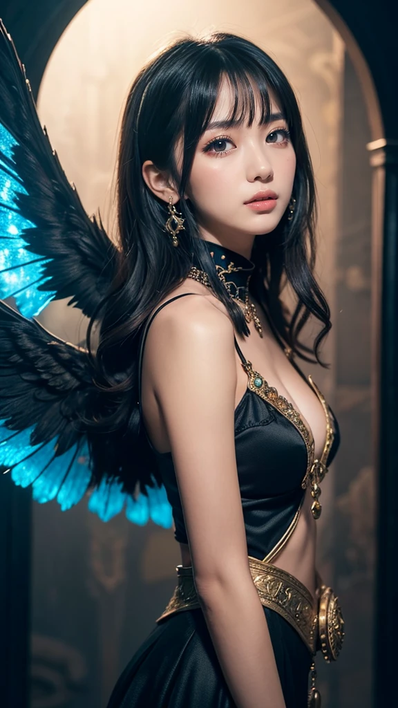 master painting, 8K image quality, master painting, 8K image quality, large breasts, succubus, devil wings, symmetrical eye depiction, delicate delicate eye depiction, delicate pupil portrayal, delicate eyelash depiction, delicate depiction of facial features, delicate depiction of body depiction, delicate depiction of makeup, metal chains, long brunette hair, slender body, open chest, long legs, ((exposed)) ((injured)) covered in blood, looming, gorgeous jewelry, areola, dreamy, barefoot