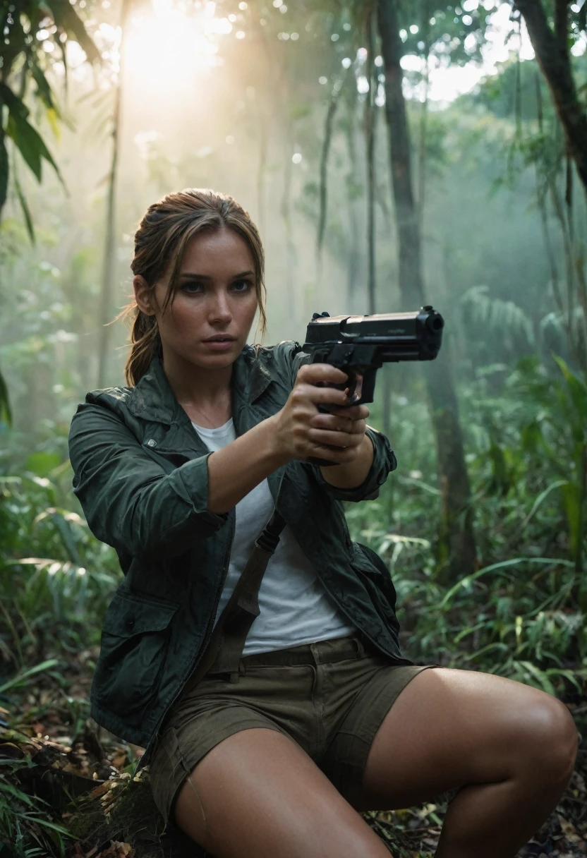 score_9, score_8_up, score_7_up, score_6_up, rating_safe, cinematic film still, solo, 1girl, BREAK (Lara Croft, brown hair, ponyail:1.3, micro shorts, thick thighs), BREAK (dimly lit:1.1), shooting a gun, shooting a pistol, in a jungle, dreaded jungle, dense forest, in action, gun shooting, action movie explosions, heavy explosions in the background, (cinematic lighting:1.2),, (sunset:1.2), BREAK shallow depth of field, vignette, highly detailed, high budget, bokeh, BREAK cinemascope, moody, epic, gorgeous, film grain, grainy, BREAK (ultra-detailed),(best illustration),(best shadow),(absurdres),(detailed background),(very aesthetic). (((thick voluptuous thighs)))