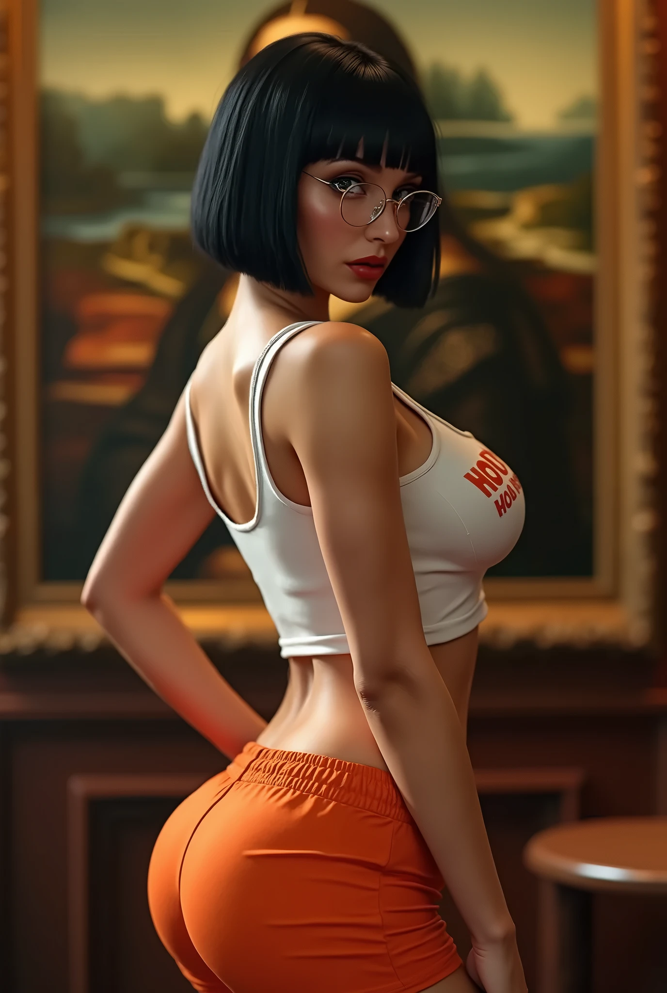VHS cover for a porn starring tracer. hoop-earings. open mouth. tongue. tongue out. drooling. looking at viewer. sexy pose. naked. nude. slut. small_boobs. nipples. pussy, freckles. pornstar nsfw