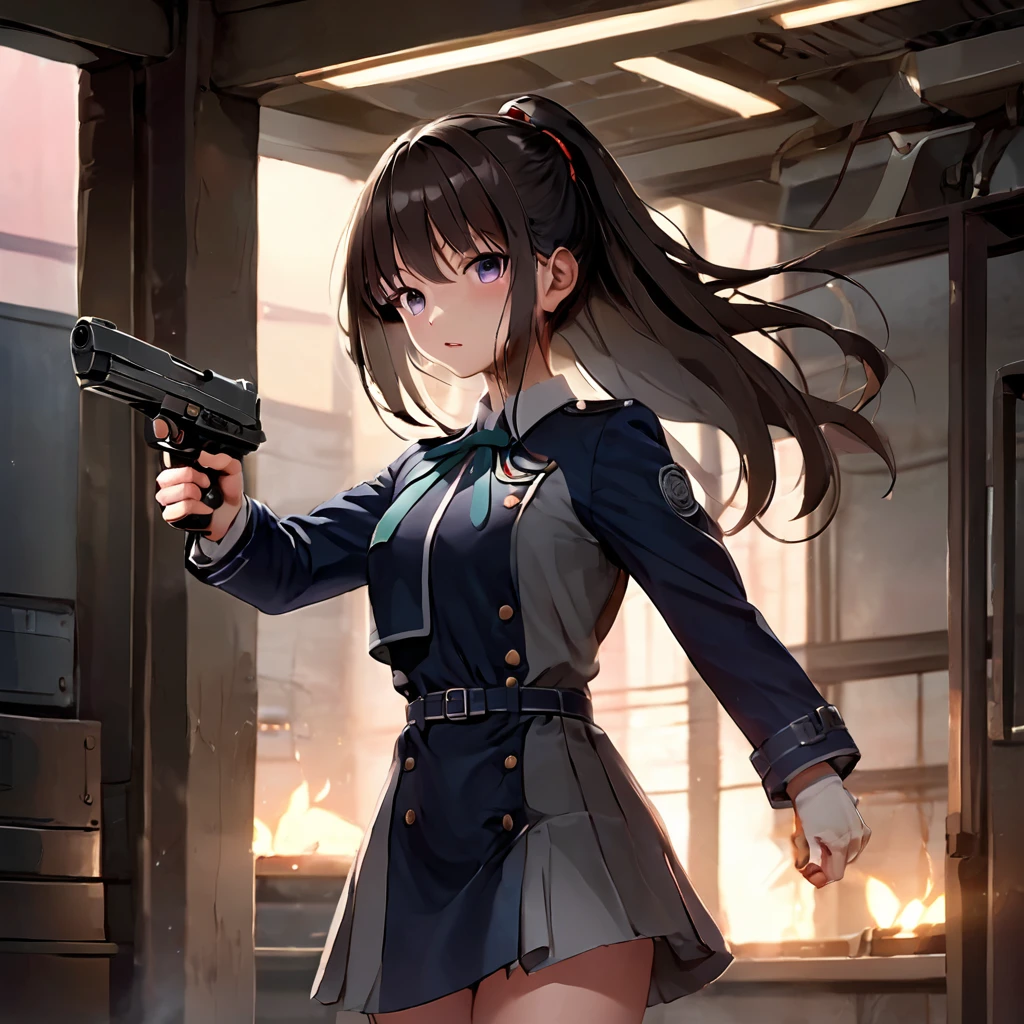 masterpiece,best quality,extremely detailed 8K wallpaper,1girl,inoue takina,purple eyes,lycoris uniform,standing,smile,handgun,holding handgun,