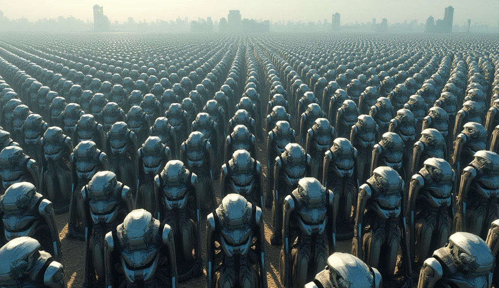 robots in a city with a large group of people, peter gric and dan mumford, crowd of androids, cgsociety ), large crowd of androids, by Enki Bilal, dieselpunk cyborgs, jodorowsky's robocop, ilm of an epic sci-fi, jodorowsky's dune movie, matte painting of human mind --auto --s2
