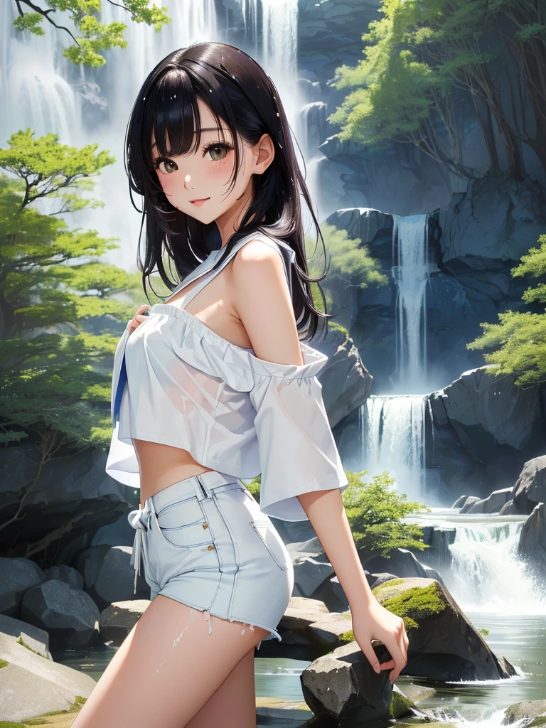 (Highest quality, masterpiece, Ultra-high resolution, (Photorealistic:1.4), RAW Photos),One girl,white micro bikini,(wet:1.1), short sleeve, water drops,skirt lift,show off hip,no panties,no bra,(Very short black hair, Amazingly cute face, Very beautiful big black eyes)), Very lean body, Very flat and beautiful Massive Breasts and a beautiful ass, An innocent smile,Showcasing cleavage, legs, stretch legs, hip, from behind,(back pose:1.3) or (back view:1.3)breast squeeze:1.3), View Viewer, Detailed face, Fine grain, Detailed Hair, Detailed body, Thigh details,