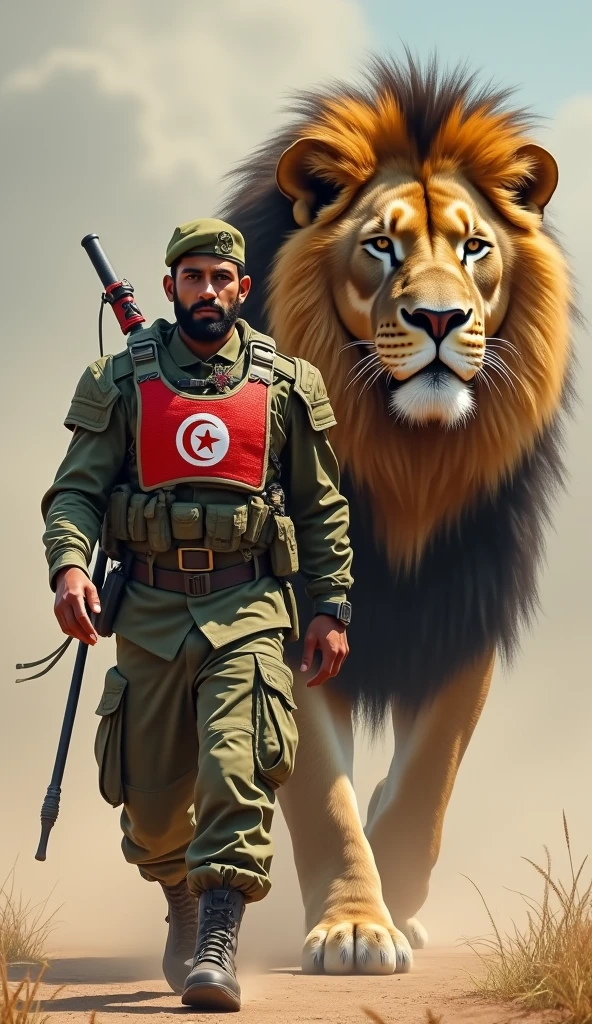 Le drapeau algérien de couleur vert blanc croissant de Lune Étoile 5 branches de couleur rouge une femme algérienne boxeuse avec la médaille d'or autour du cou plus une panthère e à côté d'elle