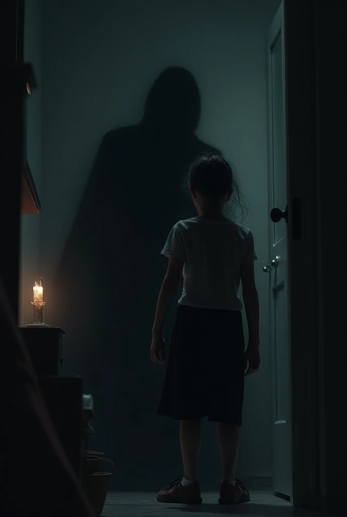 A five-year-old boy of humble origin from Venezuela in his room with light green walls wakes up totally scared and terrified when he sees the spirit of a short man with a hat and a mustache dressed in black pants and a white long-sleeved shirt who was pulling him by the feet laughing at him for scaring him.
