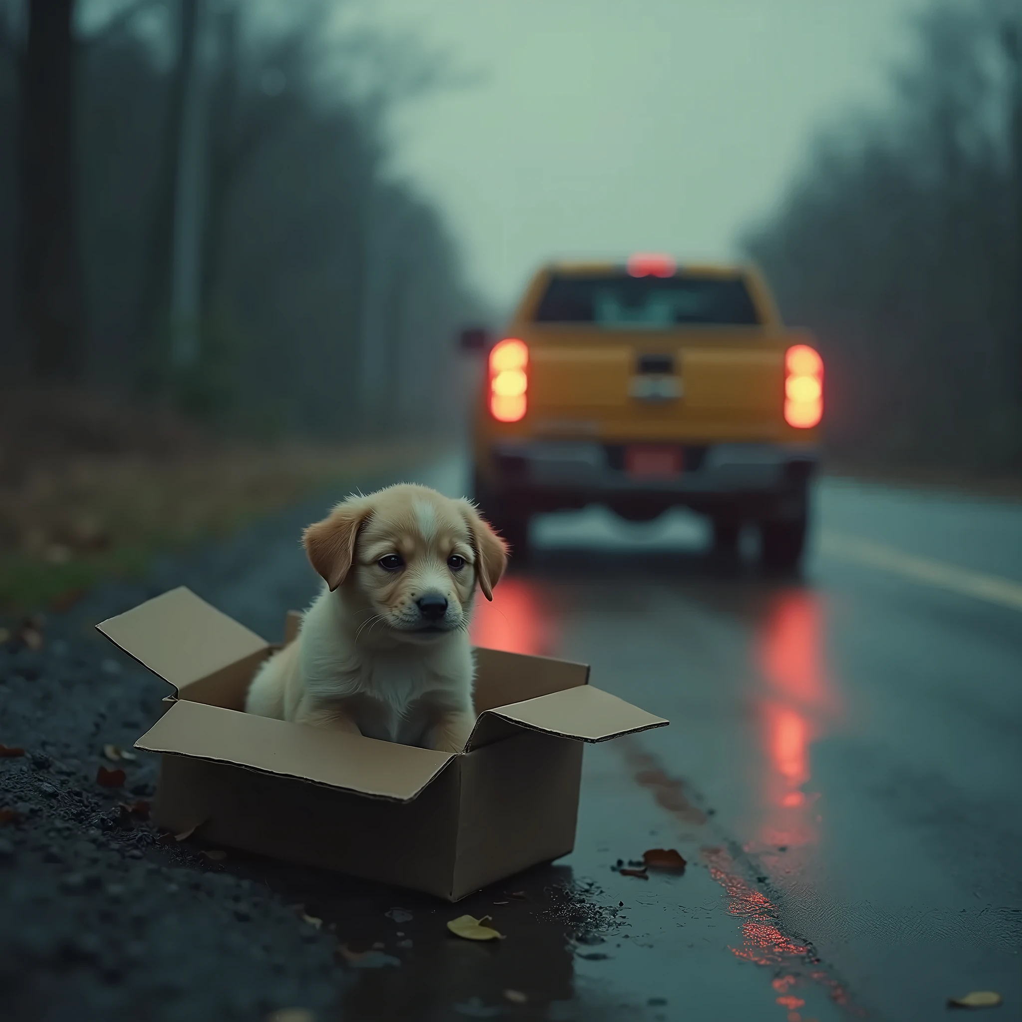  the back of a puppy in a roadside carton，The background is the back of a vehicle gone away ，cinematic lighting, moody, dark, gritty, dramatic, highly detailed, photorealistic, masterpiece, 8k, best quality, winning photo