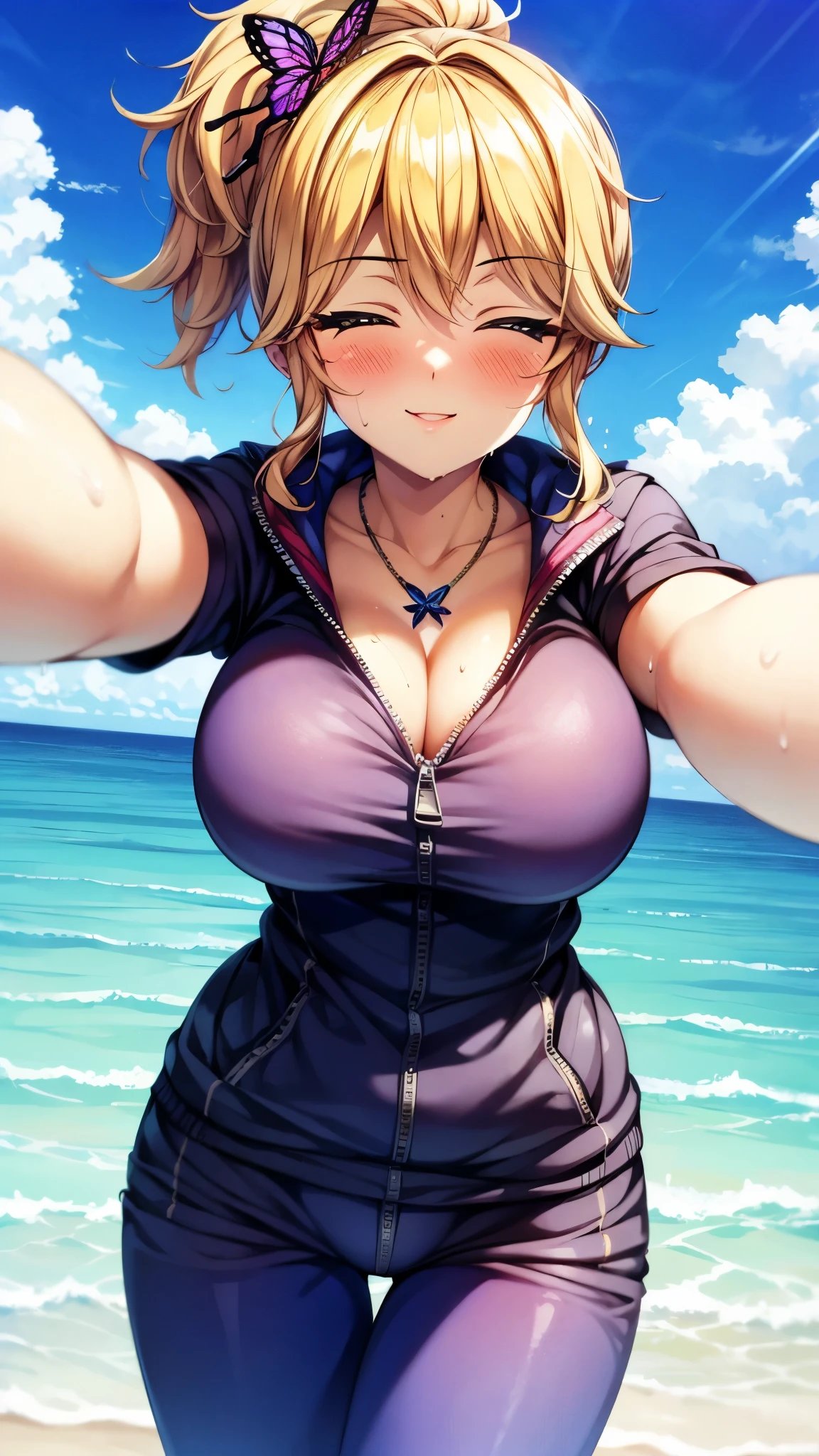 （super high quality,Ultra-high resolution,16k,super masterpiece,Ultra HD ,Detailed shading and background,）Shooting from below,One Girl, ponytail,Purple swallowtail butterfly barrette and necklace ,A tight sweatsuit with the zipper open all the way to the chest,Cleavage,smile,blush,Sweaty,Blue sky and sea with clouds and sun visible,Lean forward,Spread your hands wide in front of you,