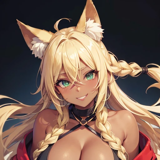 score_9,score_8_up,core_7_up, 1girl, animal ears, bare shoulders, blonde hair, braid, breasts, cleavage, dark skin, green eyes, grin, hair between eyes, head tilt, long hair, looking at viewer, red lips, smile, solo, upper body