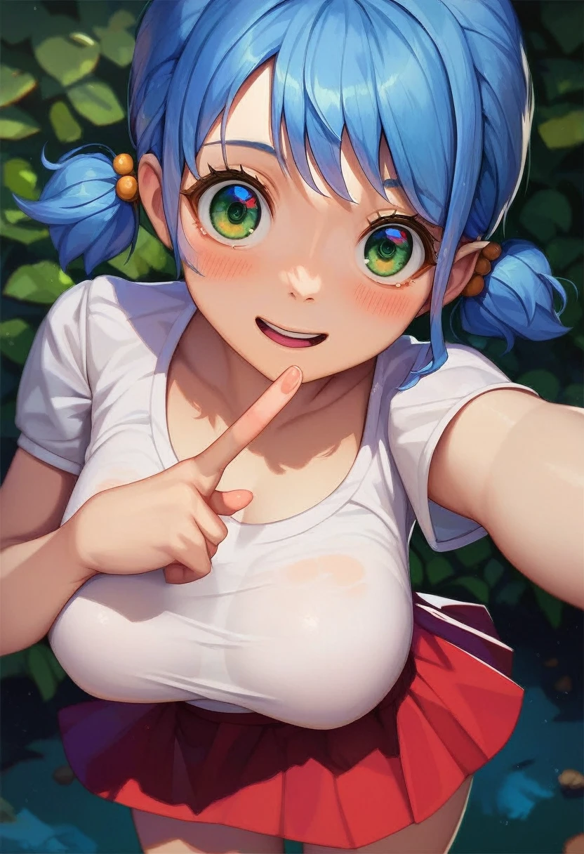 score_9, score_8_up, score_7_up, source_anime, best quality, clear face,shool skinny Nami-girl, bright blue hair, green eyes, medium hair, large breasts, perfect body, standing, looking at viewer,embrassed cute scared ,watered eyes, china d, dynamic angle, indoor, w,blushing,embrassed,cute boob,bend over, p,mini red skirt,plain white shirt,pointing with hand at side,kyah,cute,Short Twintails,extremely short skirt,