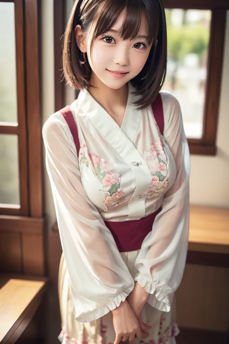 frills, japanese clothes, hair flower, wide sleeves, kimono,
white thighhighs, floral print, sandals,  indoor,full dody, litle smile, BREAK, 
(((Anatomically correct,perfect anatomy))),
(1girl,solo), (yuichan:1.3), petite, Fine clavicle, neat and cute girl, japanese cute girl, beautiful detailed eyes, layered hair, fluffy hair, brown short hair, bangs, glossy lips, (Fine Face),(Fine Eyes), (Clear Face), (Detailed Face Description), (Detailed Hand Description), Realistic, Extreme Light and Shadow, Shiny Skin,Shiny Hair, BREAK, absurdres, (16K, UHD, Top Quality, Masterpiece: 1.2),(Realistic, Photorealistic: 1.37), Physically Based Rendering,Professional Lighting, Photon Mapping, Masterpiece, Rich Detail, Ultra Detailed, Super detailed, highest quality, intricate details, ultra high resolution, (realistic:1.2),