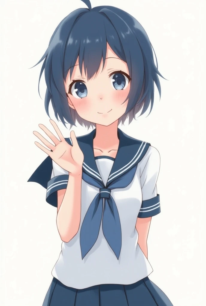  with very dark blue short hair、 girl in a sailor suit 。In anime style、Show me a beautiful smile 、 waving over here 