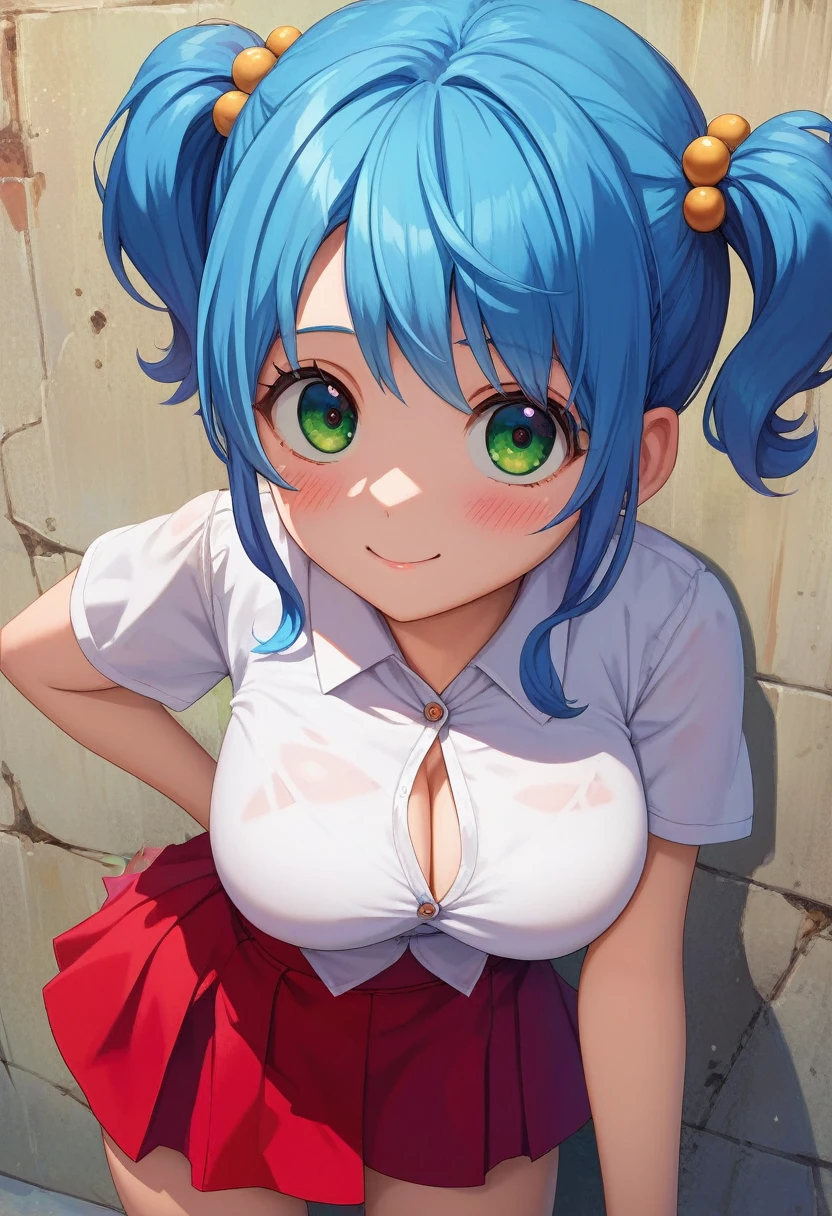 score_9, score_8_up, score_7_up, source_anime, best quality, clear face,shool skinny Nami-girl, bright blue hair, green eyes, medium hair, large breasts, perfect body, standing, looking at viewer,embrassed cute scared ,watered eyes, china d, dynamic angle, indoor, w,blushing,embrassed,cute boob,bend over, p,mini red skirt,plain white shirt,p with hand at side,kyah,cute,Short Twintails,extremely short skirt,