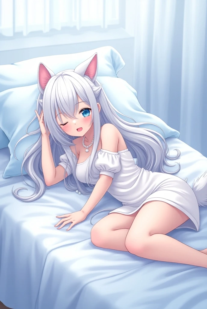 lovely illustration, Mejor calidad, Pretty girl, dormitorio, color pastel, orejas de gato esponjosas, Little , pelo largo plateado, juguete de peluche de gato, Bright lighting, ojos rosa claro, piernas abiertas mostrando su vagina, vagina abierta y sin censura, agregar detalles a la vagina, small breasts uncensored, Mostrar al personaje de cuerpo entero, personaje acostado en la cama abriendo ambas piernas