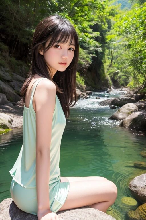 ​masterpiece、Extremely small underwear、17-year-old woman、(poneyTail）、((Quite a small head:1.4))、Open your legs to show your crotch、Stand on one knee、River in the background、boulders、(A dark-haired)、(Raw photography:1.2)、Normal breasts、(Photorealsitic:1.4)、a smile、cute little、embarrassed from、the whole body is wet、Masturbation with your fingers、showing your whole body、Lace white underwear、(((Wet pubic area shows through)))、(((Wet and nipples show through)))、Textured skin、extremely detailed eye and face、二重まぶた、(Increase the beauty of skin texture:1.1)、hight resolution、8k wallpaper、电影灯光