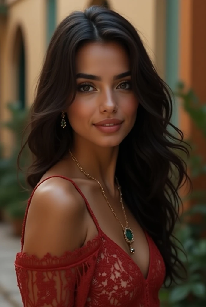 A heavenly and incredibly beautiful Asian Indian, His profession is law. Sua pele beijada Pelo sol, Captivating honey eyes, and flowing brown hair immediately catches the eye. The portrait appears to be a high resolution photograph., capturing every detail to perfection. Her red lips are full and attractive, It exudes a seductive charm. The overall image quality is exceptional, natural with impressive details. an identical woman, Face, Pelo, identical clothes. A beautiful smile. She is riding a bike on a bike path, with a flowery outfit, and smiling quite happily.