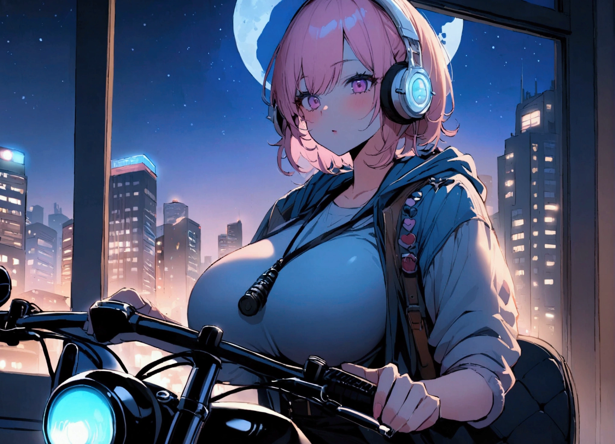 portrait、512、lofi、Girl with headphones 、night、Pastel colors、Painting, lots of stars and moon, super big breast,pank rock,portrait、512、lofi、Girl with bike、City view outside the window、night、Pastel colors、Painting, lots of stars and moon, super big breast,Riding a motorcycle and going for a run.
