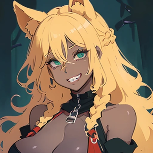 score_9,score_8_up,core_7_up, 1girl, animal ears, bare shoulders, blonde hair, braid, breasts, cleavage, dark skin, green eyes, grin, hair between eyes, head tilt, long hair, looking at viewer, red lips, smile, solo, upper body