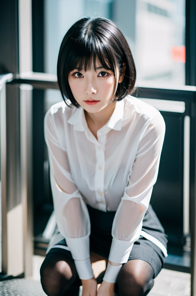 (High resolution:1.3), (16k, Photorealistic, Raw photo, Best image quality: 1.4), Japanese, (One Girl), Beautiful Face, (A vivid face), (Black-haired、short hair:1.3), Beautiful Hairstyles, Realistic eyes, Beautifully detailed eyes, (Realistic Skin), Beautiful skins, attractive, 超A high resolution, Surreal, High detail, Golden Ratio, Highly detailed cute girl,(20-year-old), upskirt, Long skirt