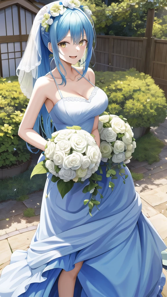 masterpiece,best quality,highres,ultra-detailed,bbnejire,blue eyes,blue hair,long hair,large breasts,<lora:hadou_nejire:0.8>,(wedding dress:1.2),white dress,(veil:1.2),garden,smile,outdoors,standing,cowboy shot,holding bouquet,