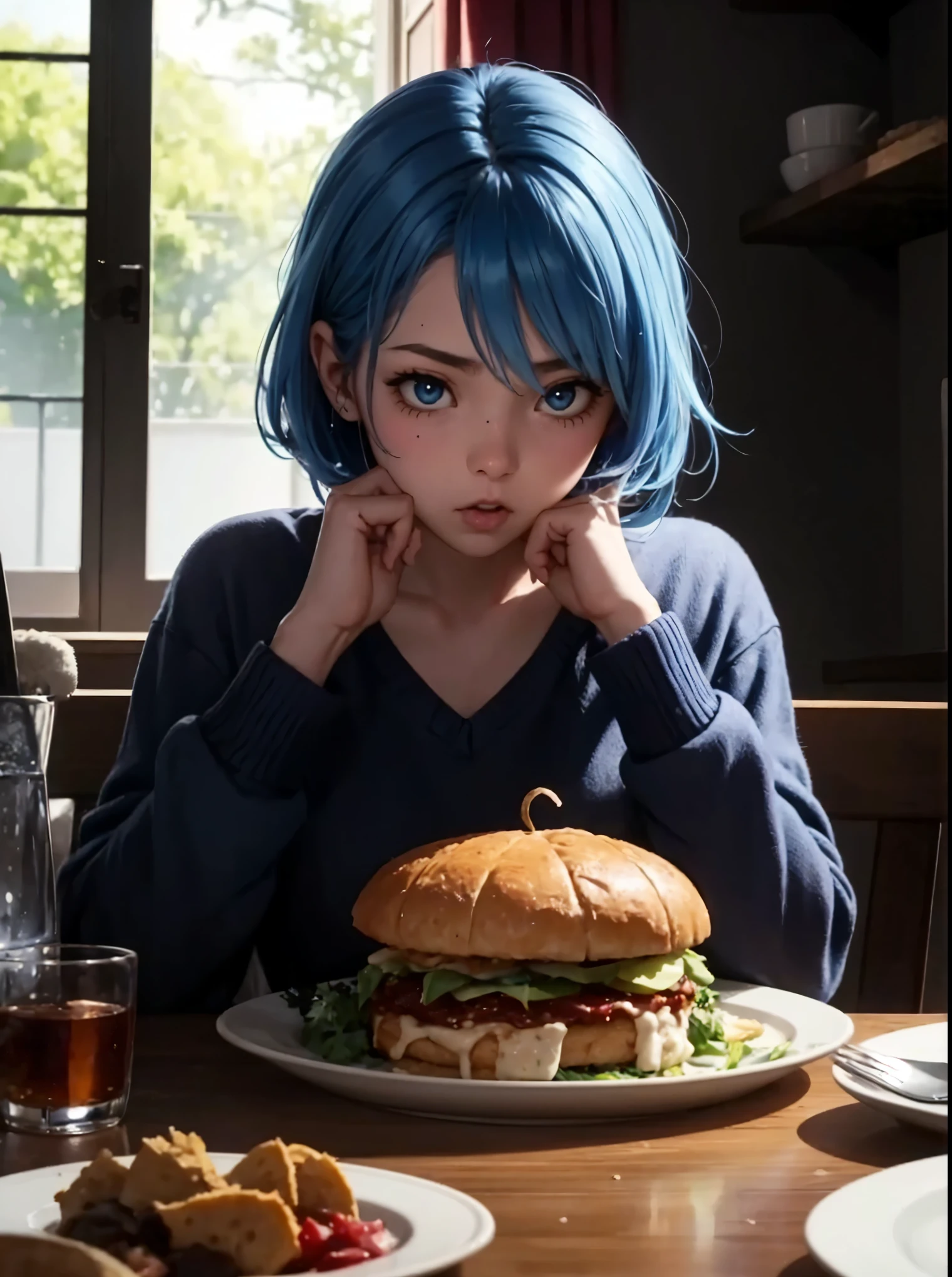 blue hair,  A GIRL SAD , open sagging mouth,  gnaws empty plate, eat plate that empty,