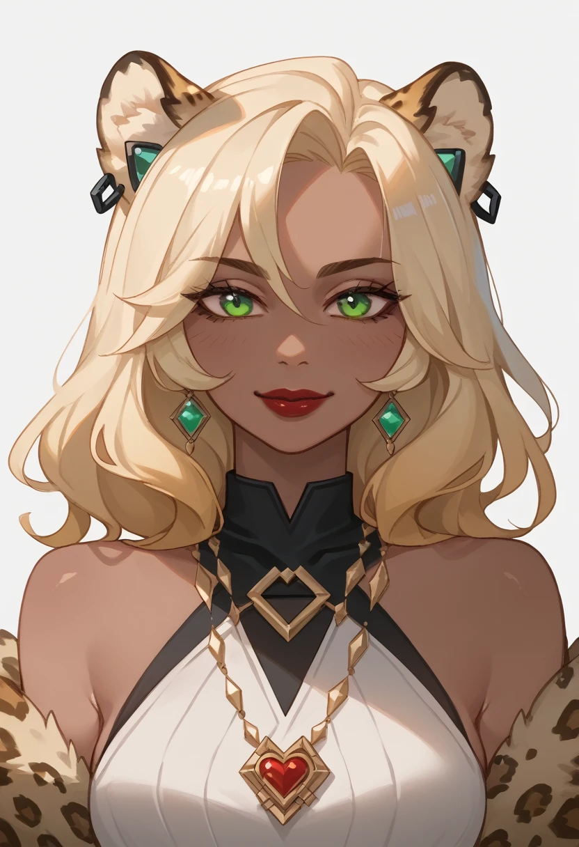 xilonen-gi, green eyes,blonde hair,animal ears,leopard girl, dark-skinned female, looking at viewer, red lips, smile, solo, upper body