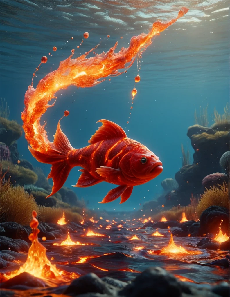 school of fish swimming in flowing lava. lava lake. volcano. fire. trout and bass. 4k video game concept unreal engine.  pixar-cute-fine-face ,pretty face,realistic shaded lighting poster rutkowski,Magali Villeneuve,jeremy lipkin,Michael Garmash,rob rey,ral-lava by diegocr ,explosion 、Swimming underwater、 lava liquid overflows from the surface of the fish and flows down to mud、Bubbles float up from the surface of the fish 