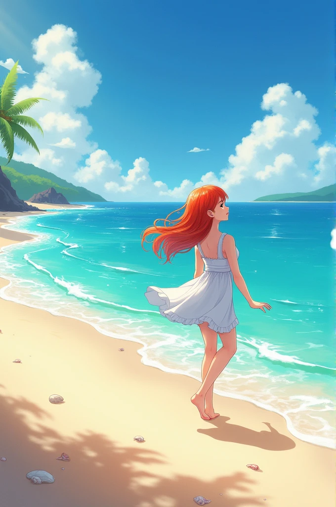 (((Alone))),(((Woman))),(((Dark skin))), (Blue eye),(((Hair wavy redhead))),(curvy body), 8k, high quality,(((wearing rags))),(((walking by the ocean water))),((sweet smile))