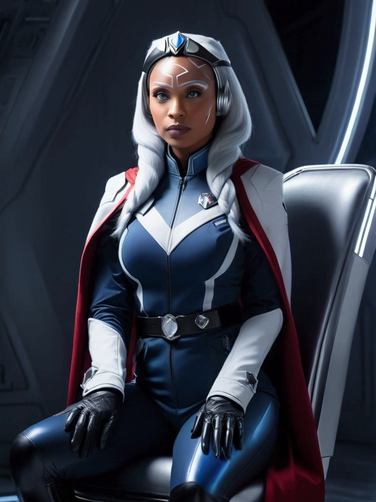 Aahsoka and ((￼ silver eyes)) sits confidently on a modern-looking chair. She is dressed in a white military uniform that includes a rank plate with 6 blue squares on the top and 6 red squares on the bottom. She is wearing a black cape that falls over one of her shoulders. Her expression is serious but relaxed, with a slight smile. The . The lighting is dim, with lights in red and blue tones that highlight hegure, especially her face. She is wearing black gloves and tall boots, with one leg crossed over the other. The scene conveys authority and power, set in a futuristic or space environment, probably inside a ship or station. Everything is depicted in a comic-like drawing style, with bold lines and vibrant colors that reflect a typical comic book aesthetic.
