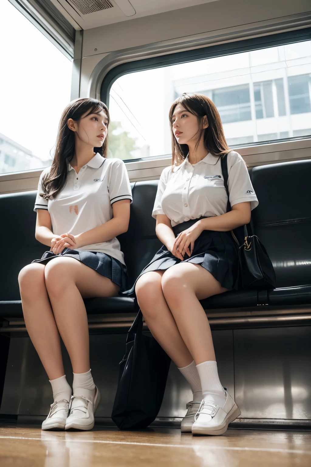 heavy rain, Soaking wet, Long Hair, bangs, (Two Girls:1.2), skirt, Brown Hair, shirt, Black Hair, Short sleeve, Brown eyes,  Long Hair, sitting in Train seat, white polo shirt, pleated skirt, Open clothes, shoes, socks, Striped, collared shirt, Hands behind back, bag, Pantyhose, Brown footwear, , school bag, Wet, (From below:1.2), (Plump breast:1.3)