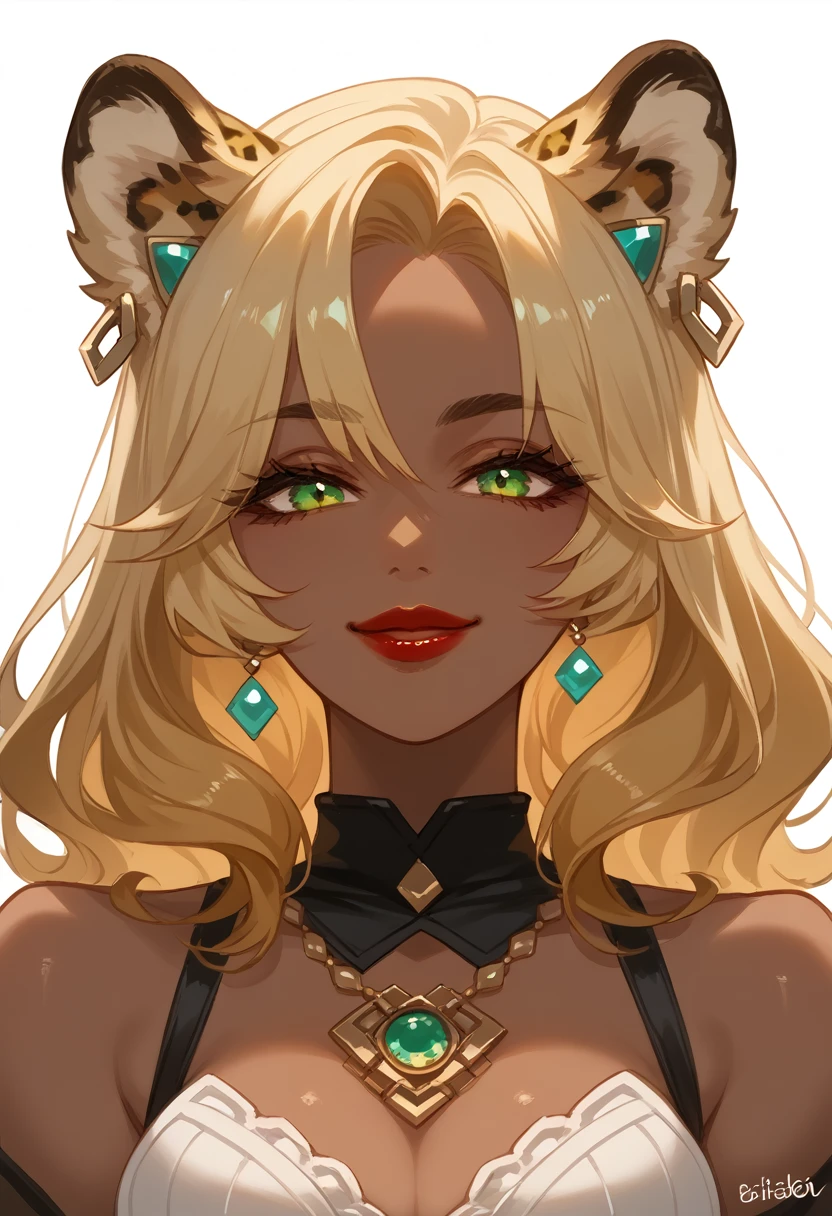 xilonen-gi, green eyes,blonde hair,animal ears,leopard girl, dark-skinned female, looking at viewer, red lips, smile, solo, upper body