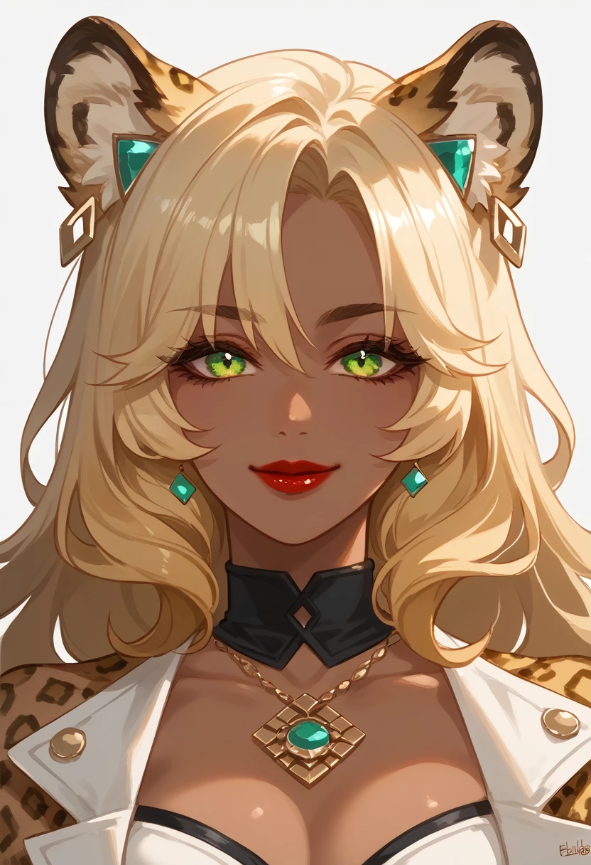 xilonen-gi, green eyes,blonde hair,animal ears,leopard girl, dark-skinned female, looking at viewer, red lips, smile, solo, upper body