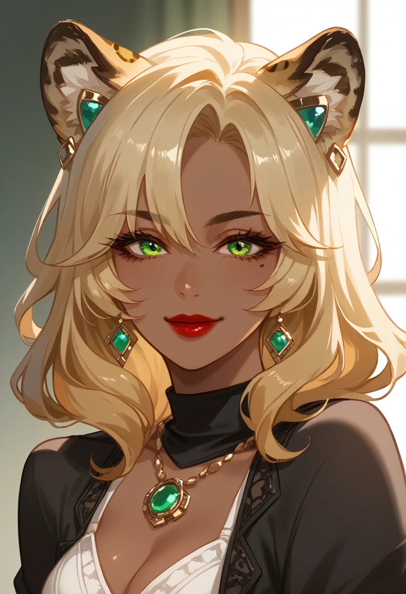 xilonen-gi, green eyes,blonde hair,animal ears,leopard girl, dark-skinned female, looking at viewer, red lips, smile, solo, upper body