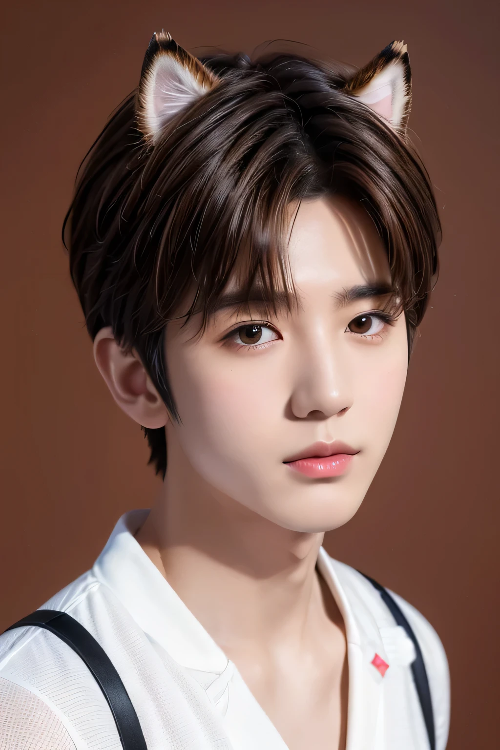 1 male、8Ｋ、Best Quality、masterpiece、(Upper Shot)、(Simple Background)、(Wearing dog ears:1.23)、Brown Hair、Short Hair、(Realistic skin texture:1.1)、Side Shot、