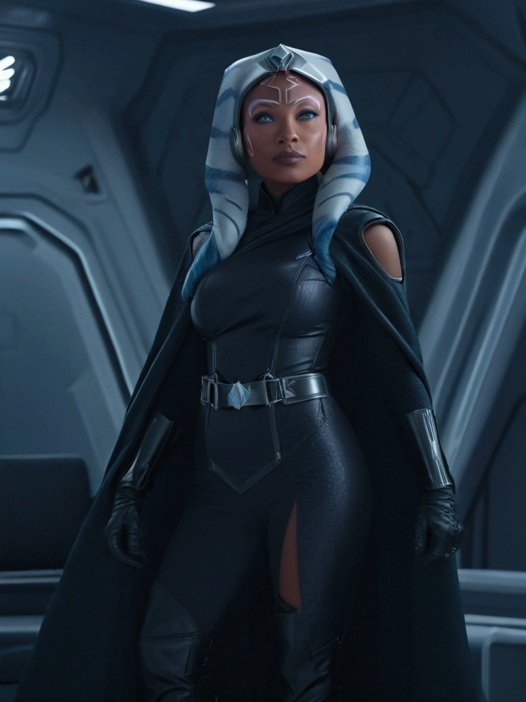 Aahsoka and ((￼ silver eyes)) sits confidently on a modern-looking chair. She is dressed in a white latex  military uniform that includes a rank plate with 6 blue squares on the top and 6 red squares on the bottom. She is wearing a black cape that falls over one of her shoulders. Her expression is serious but relaxed, with a slight smile. The . The lighting is dim, with lights in red and blue tones that highlight hegure, especially her face. She is wearing black gloves and tall boots, with one leg crossed over the other. The scene conveys authority and power, set in a futuristic or space environment, probably inside a ship or station. Everything is depicted in a comic-like drawing style, with bold lines and vibrant colors that reflect a typical comic book aesthetic.
