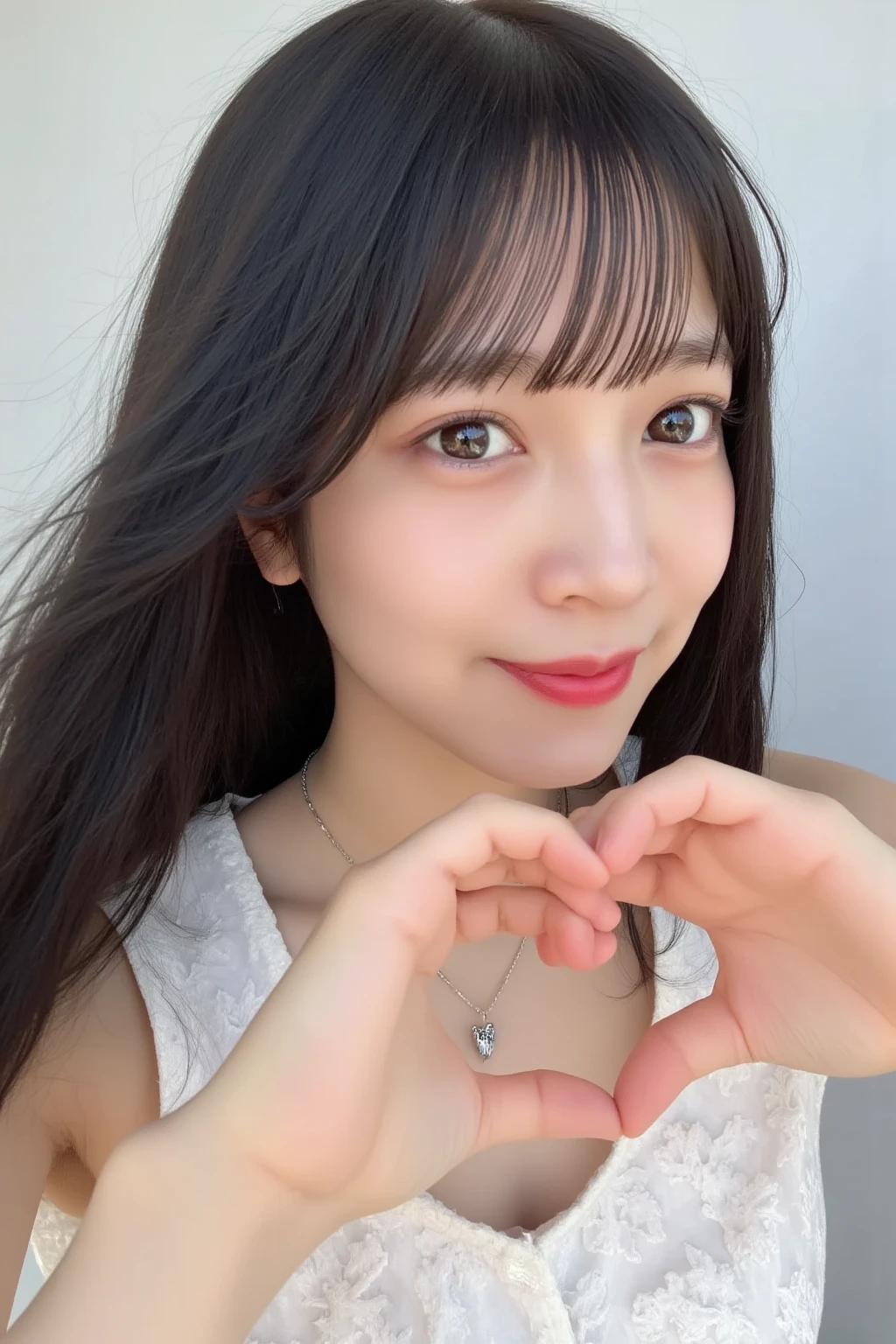 Smiling face with hands making a heart shape:2.0、Instagrammable:1.2 (Ultra-Accurate Human Anatomy, Best Quality、RAW Photos、8k、32K、masterpiece、Realistic、 photoreal:1.37)、Cute Japanese women images、Tank tops、Photographed in natural light、 upper body、1 girl、Photo Mapping、 Physically Based Rendering、Excellent image quality、 High Resolution 、1080P、(Beautiful Face)、(Detailed description of the face)、(Detailed explanation of the hand setter&#39;s muscle area)、(Detailed CG)、Rich details、(Stunning Features:1.35)、(Detailed eyes)、I look forward to your eyes、Delicate clavicle、Various poses、非常にリアルで詳細な若い女性の upper bodyポートレート。The skin is clear、A soft light reflects off the high points of the cheeks.、Fine pores and hair follicles、Even the thinnest blood vessels are visible。The skin is smooth、A natural flush to the cheeks、Gives off a healthy glow。The eyes are large and clear blue、The iris has a fine pattern、The light reflects off your eyes and shines。There is a slight shadow under the eye、Eyelashes are long and naturally curled。Her lips are a soft pink color、Smooth texture and natural shine、Reflects light slightly。The woman is wearing a simple white top.、The background is a faint monochromatic gradient.、焦点は完全に顔と upper bodyに当たっている。Realistic shadows and textures、The depiction is like a photograph.。