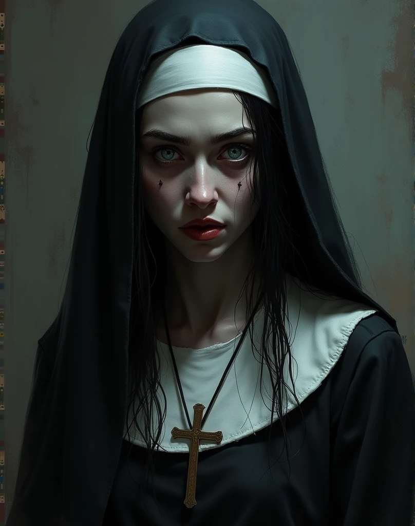 A nun with red eyes crying black, athea sun arch of the head, wearing a cross around your neck, background red, sadistic rosto 