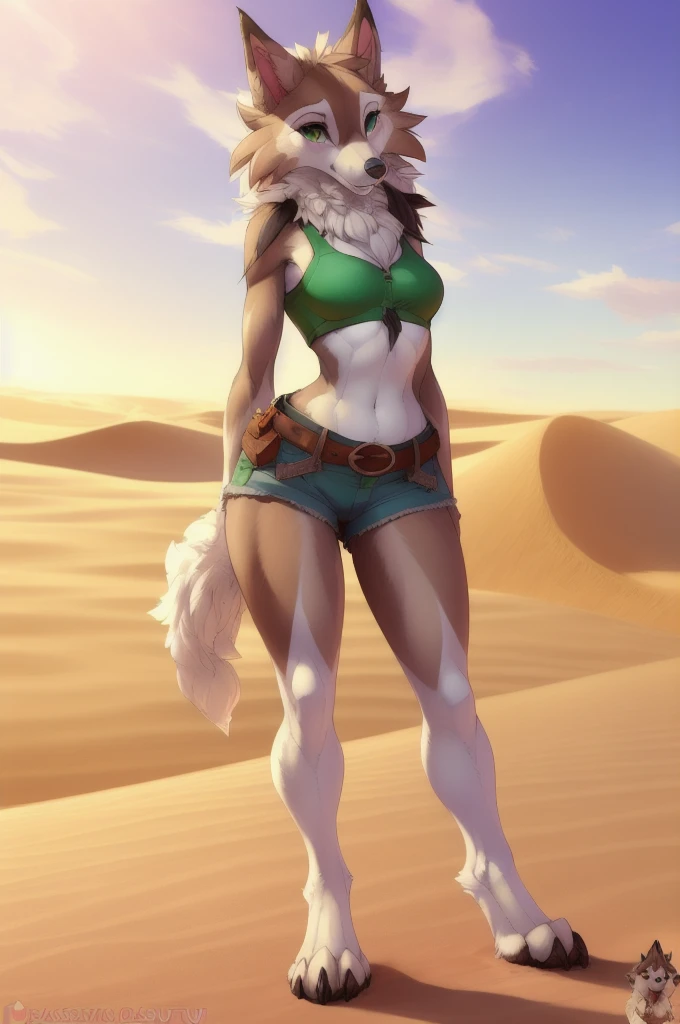 uploaded on e621, explicit content, 3d:0.4, (bastika, cutesexyrobutts, hioshiru), female, solo, (anthro, furry), lycanroc, midday lycanroc, desert adventure, (short shorts, crop top, belt), sand dunes, cacti, outdoors, standing on a dune, tail
