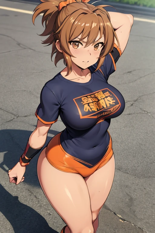 4K, masterpiece,  High Resolution ,  3D Art Style ,  1 girl,  Senki Zesshou Symphogear,Hibiki Tachibana,Mature,  light brown hair, Thin Hips, Thick thighs, Huge breasts, city , Body Goal , SoloHigh Details , Super detailed,  textured skin, Super detailed, High image quality,  Orange Oversized  
((  Tee))