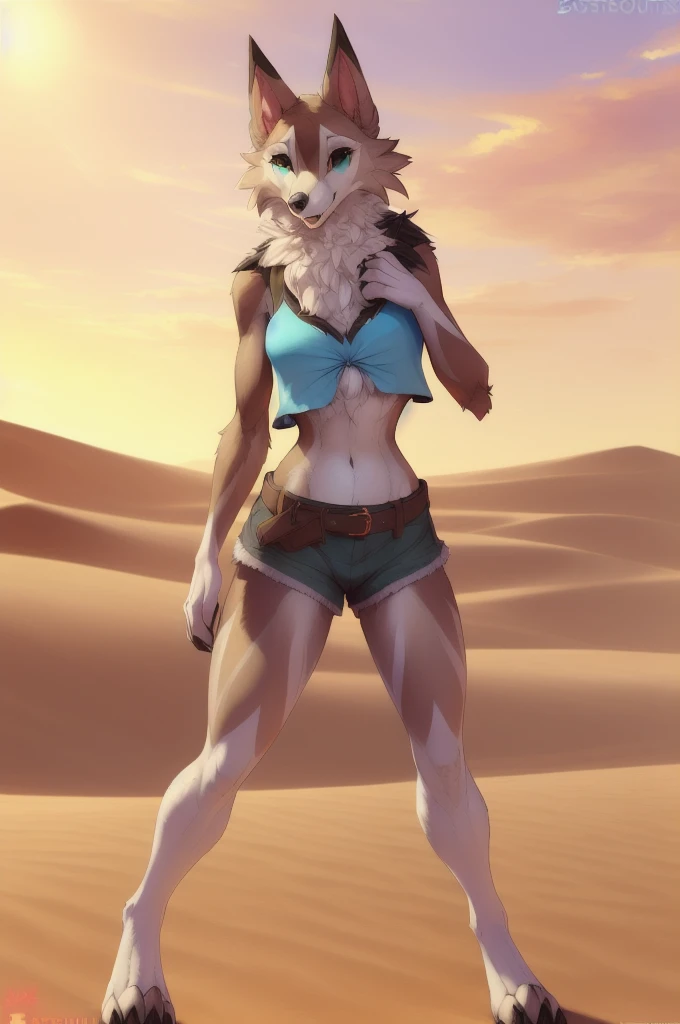 uploaded on e621, explicit content, 3d:0.4, (bastika, cutesexyrobutts, hioshiru), female, solo, (anthro, furry), lycanroc, midday lycanroc, desert adventure, (short shorts, crop top, belt), sand dunes, cacti, outdoors, standing on a dune, tail
