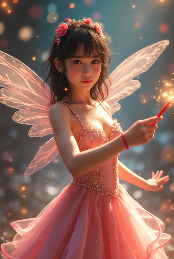 (photo of a child), slightly chubny 7 year old girl and semi wavy black hair color photo of mysterious child flower fairy, child with transparent colorful wings, sitting in divine light, soft feather skirt, neon light, holding magic wand, axial symmetry, magnificent background. rose gold gown flower crown, starry sky background, Nikon Z7 II camera, Fuji Velvia 50 film, 50mm lens, high saturation, ((close-up))