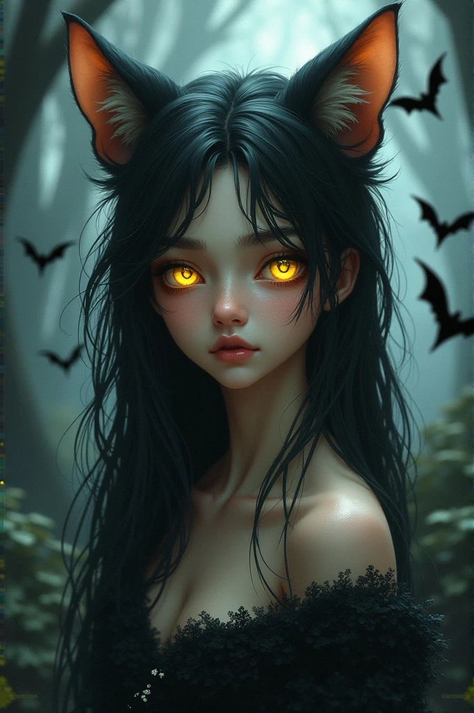A  with black skin and sad dull yellow eyes, with the ears and wings of a bat. Short black hair and a blue dress with a bow at the neck