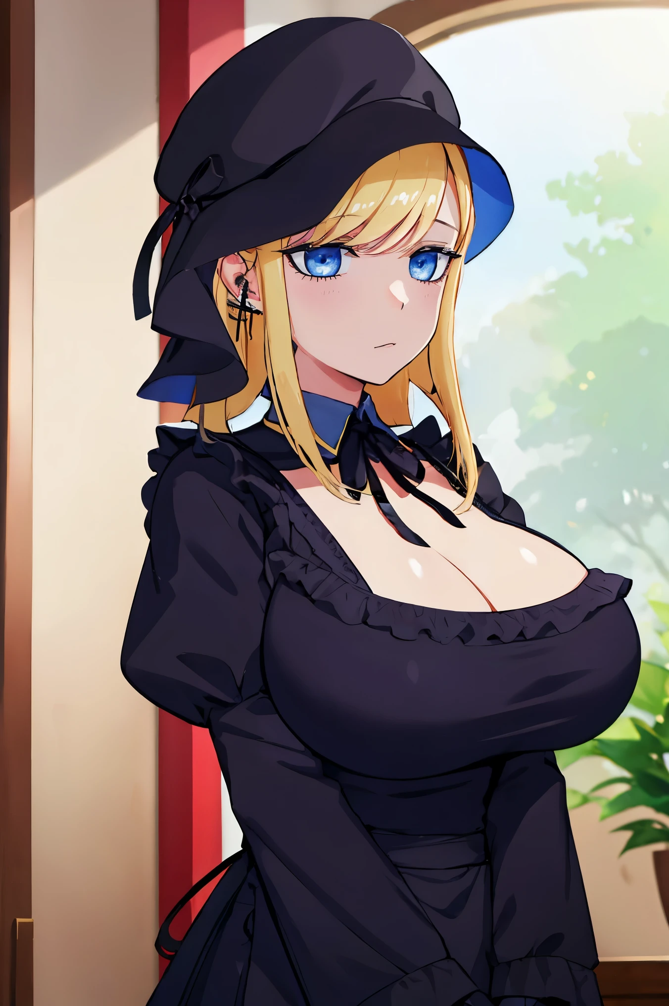 ((big tits )), ((black maid uniform)), maid hat, toplesd uniform, cleavage, blue eyes,  blonde hair, best quality, (masterpiece:1.2), indoor, cafe, room, looking at viewer, closed mouth, emotionless,  upperbody