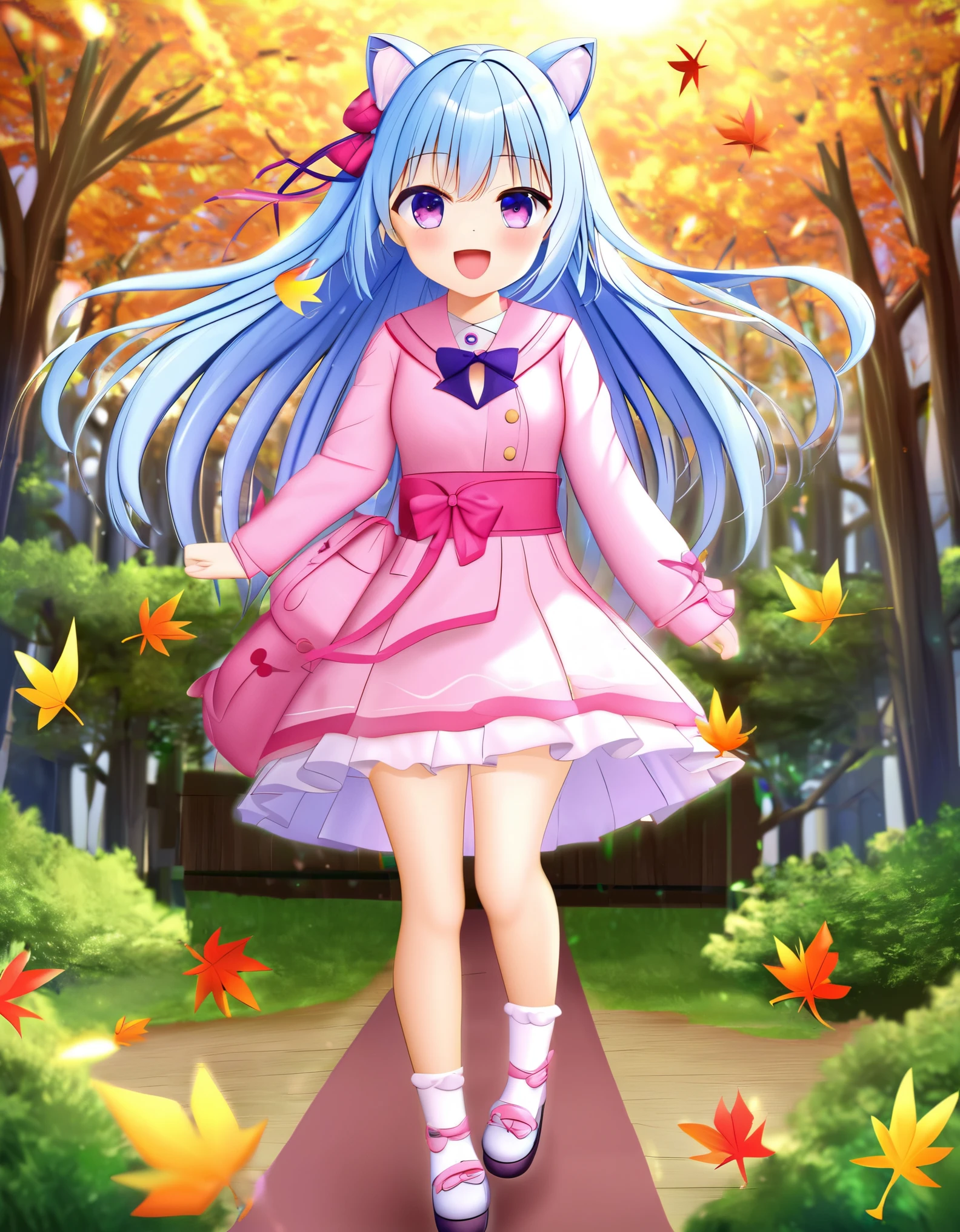 Vivid, detailed, HD quality, natural look , masterpiece, 最High image quality, High image quality, detailed, ultra detailed, hyper detailed, insanely detailed, Exquisite, beautiful, Full HD, Full HD, 4K, 8k, 16k, High Resolution , absurd, 35mm Film.
light blue hair、Cute Girls、Liszt is taking a walk in the Momiji Forest with a smile、 cute squirrels have gathered、The autumn leaves are dancing in the wind