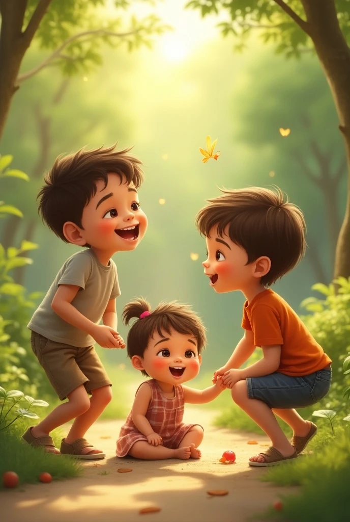 3boys siting in garden with one girl