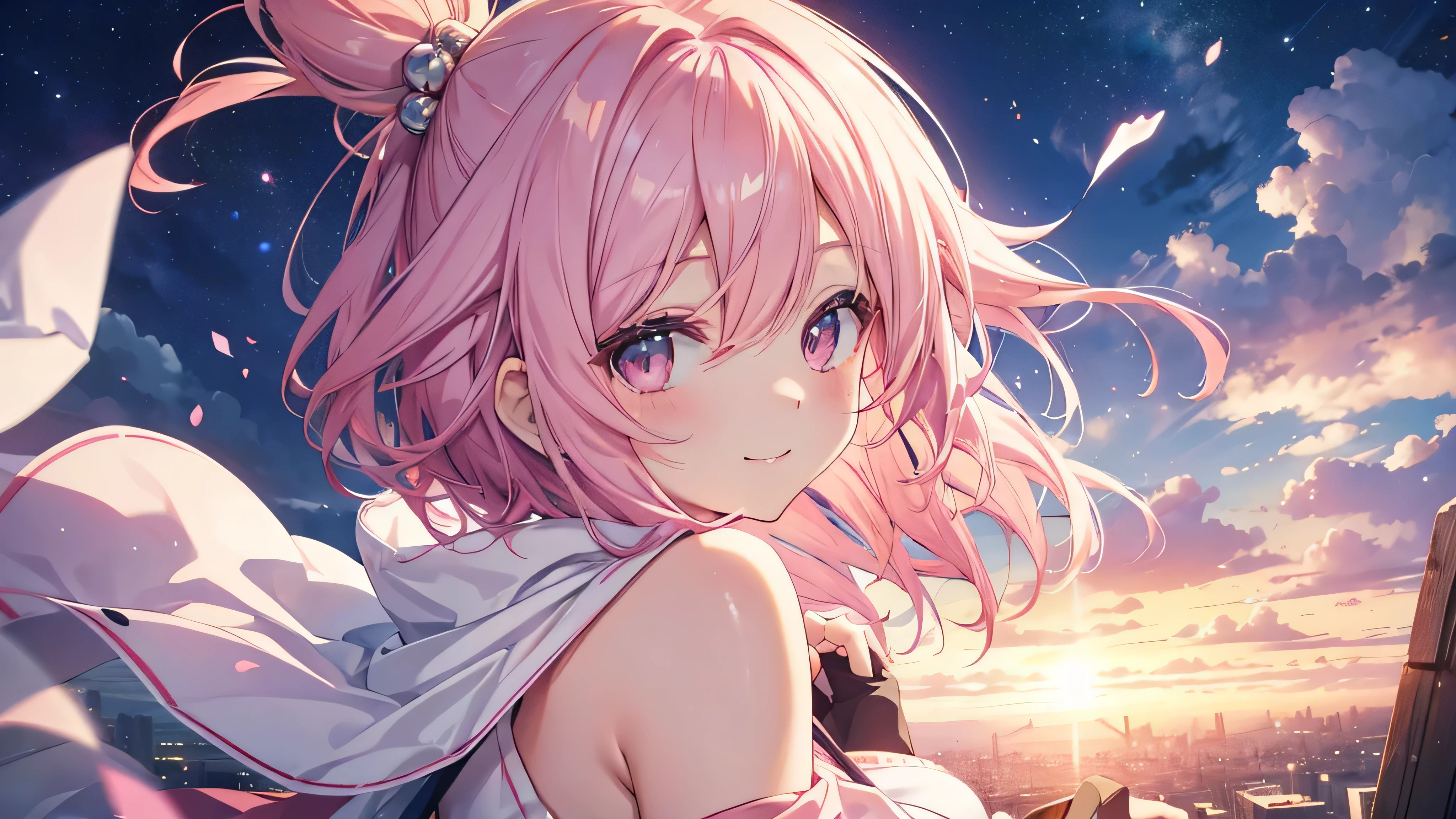 cute anime pink haired girl、White skin、 dynamic 、solo、night,(Side angle,your smile in the sky at sunrise ,)The best smile,